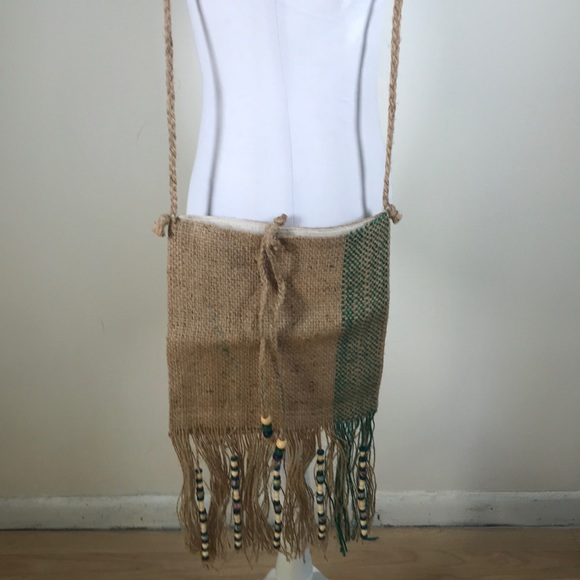 Handmade Handbags - Fringed Burlap Boho/ Festival Crossbody Bag